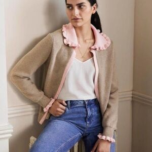Boden Tan and Pink Ruffle Cardigan